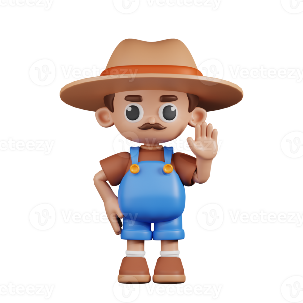 3d Character Farmer Hands Up Pose. 3d render isolated on transparent backdrop. png