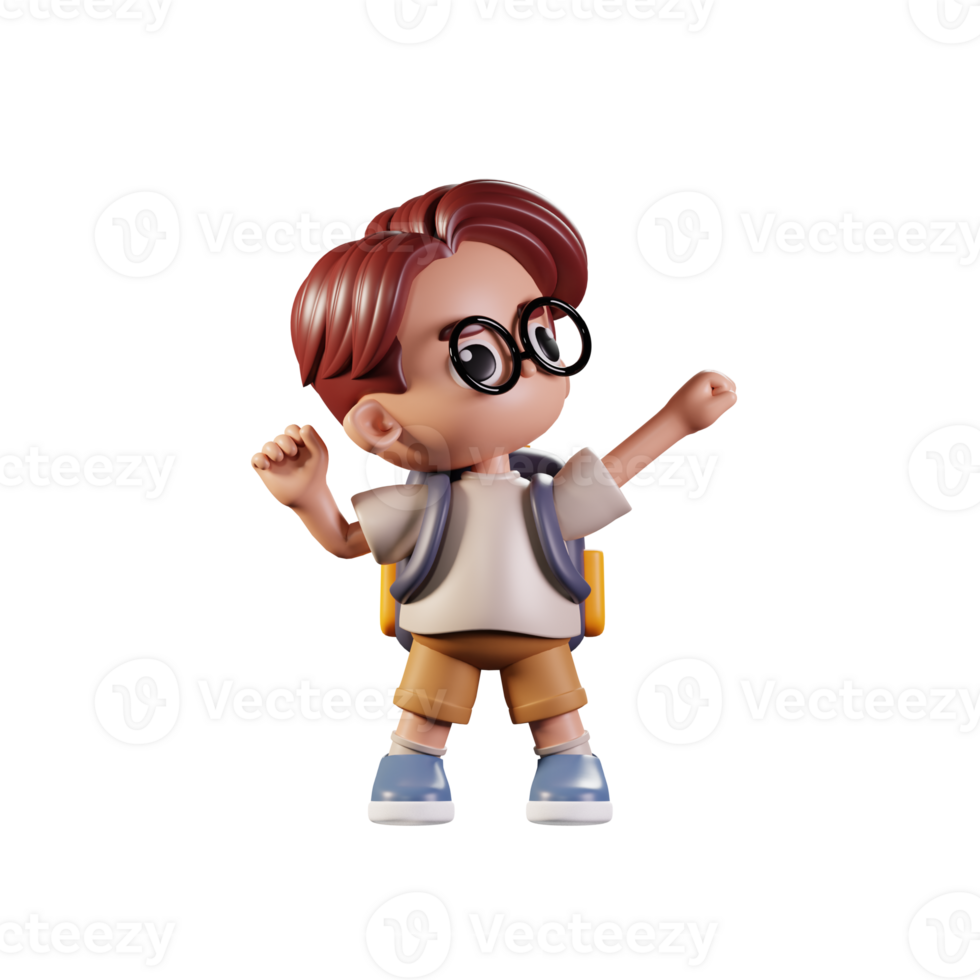 3d Character Student Looking Victorious Pose. 3d render isolated on transparent  backdrop. png
