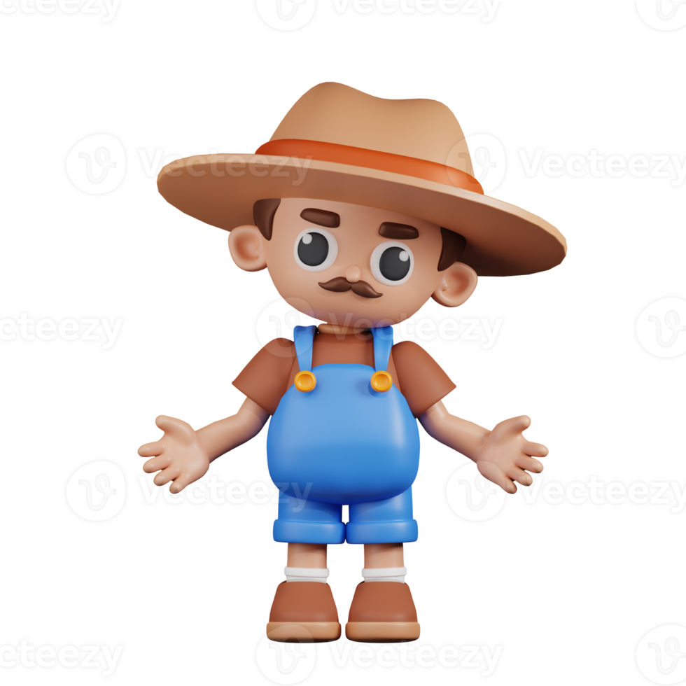 3d Character Farmer Doing The No Idea Pose. 3d render isolated on transparent backdrop. png