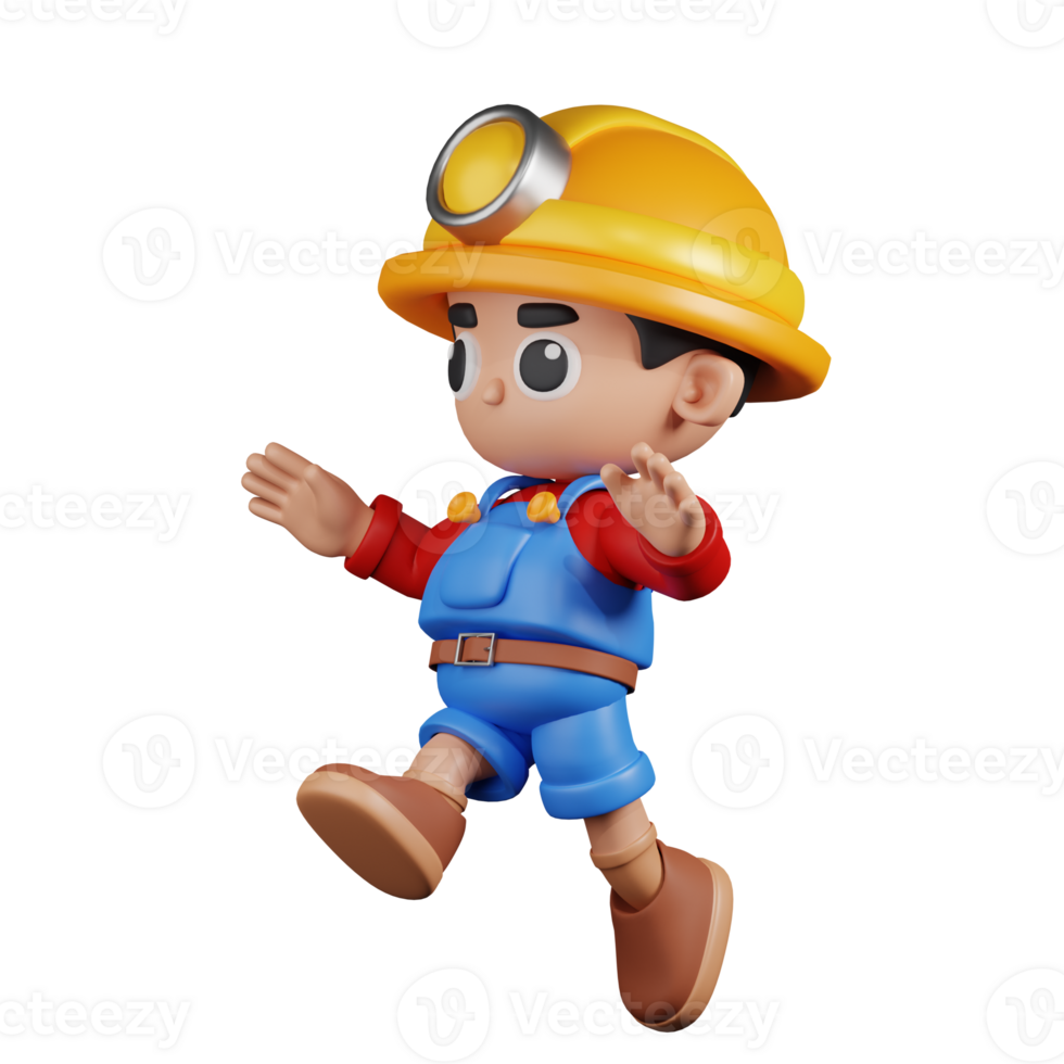 3d Character Miner Jumping Pose. 3d render isolated on transparent backdrop. png