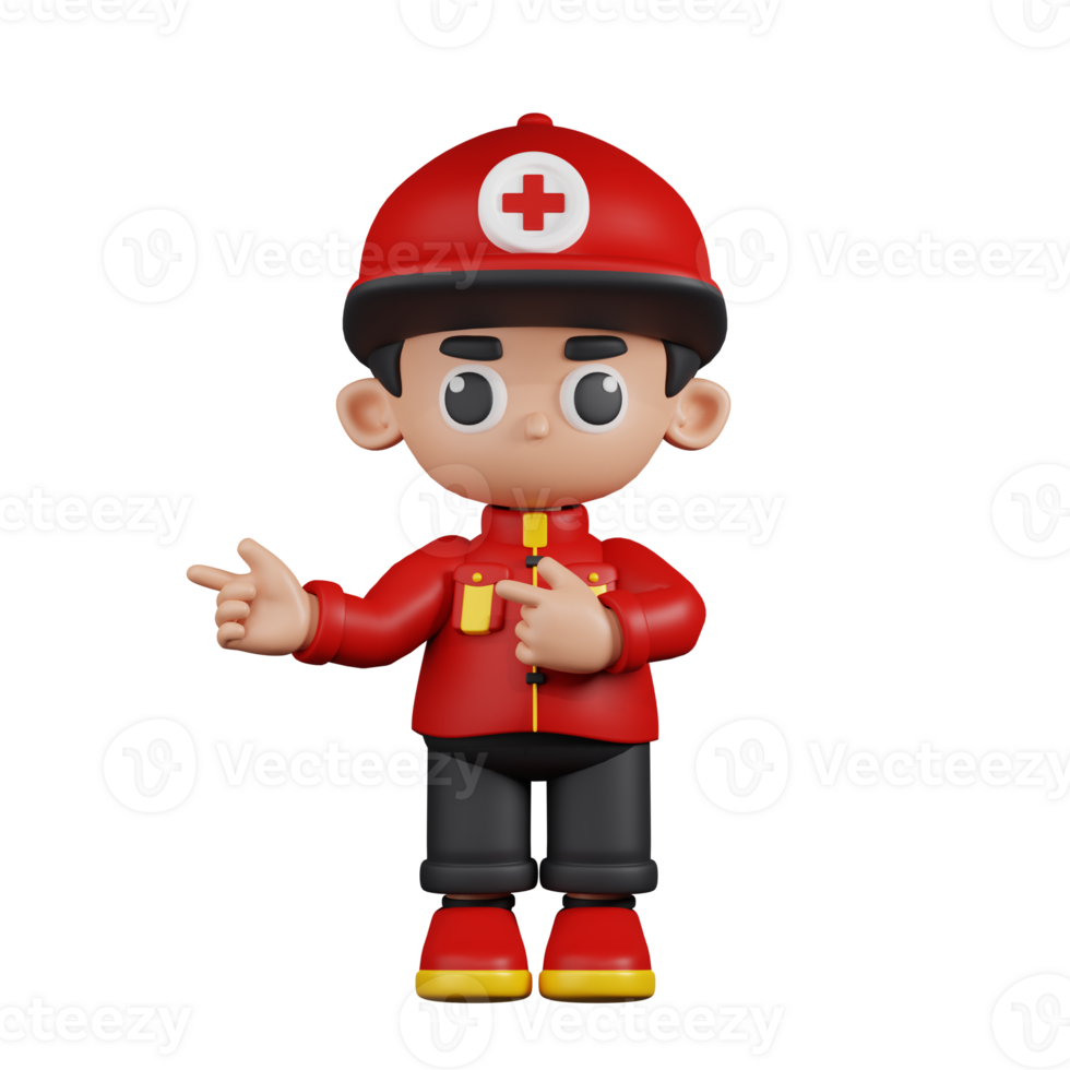 3d Character Paramedic Pointing Fingers In Direction Pose. 3d render isolated on transparent backdrop. png