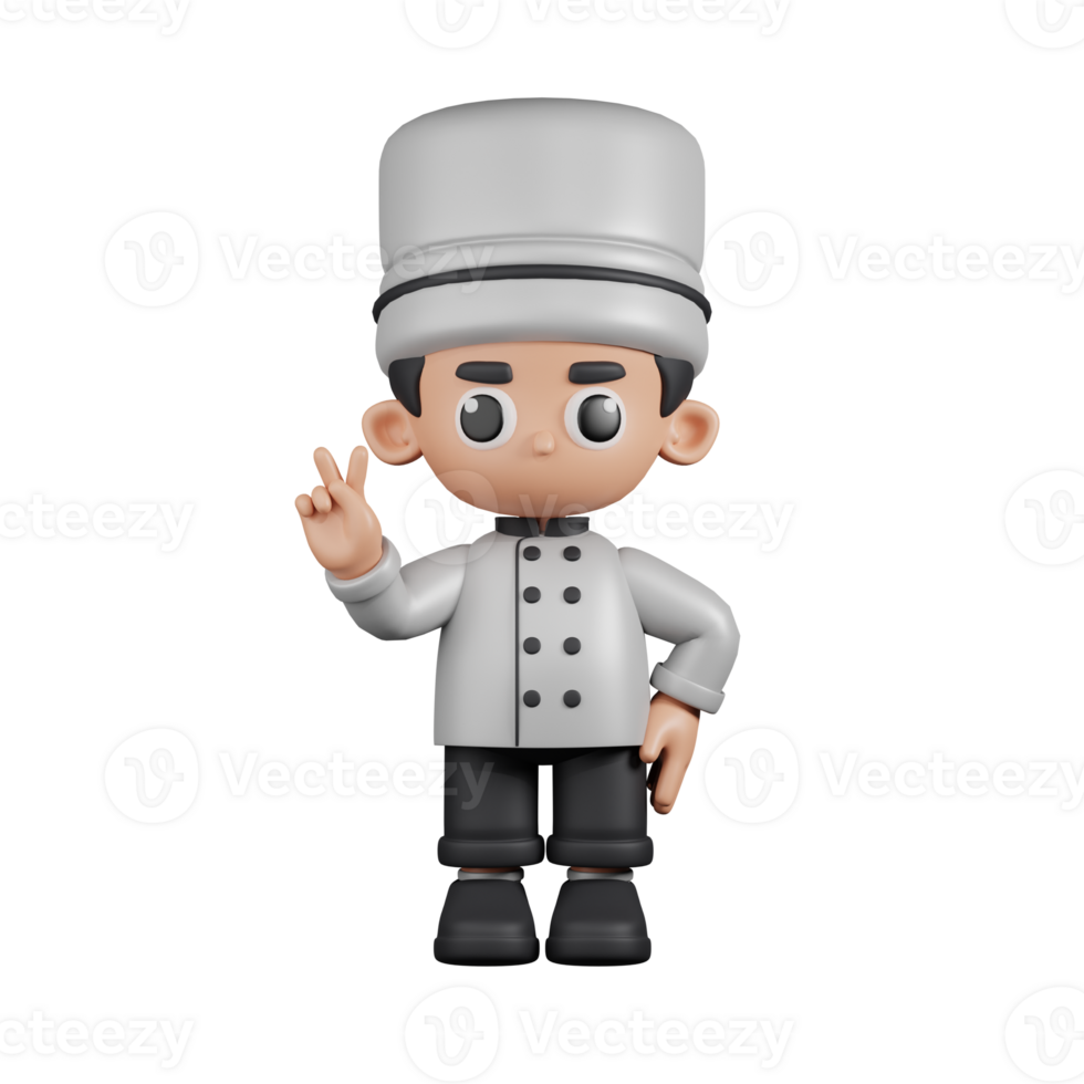 3d Character Chef Showing Peace Sign Pose. 3d render isolated on transparent backdrop. png