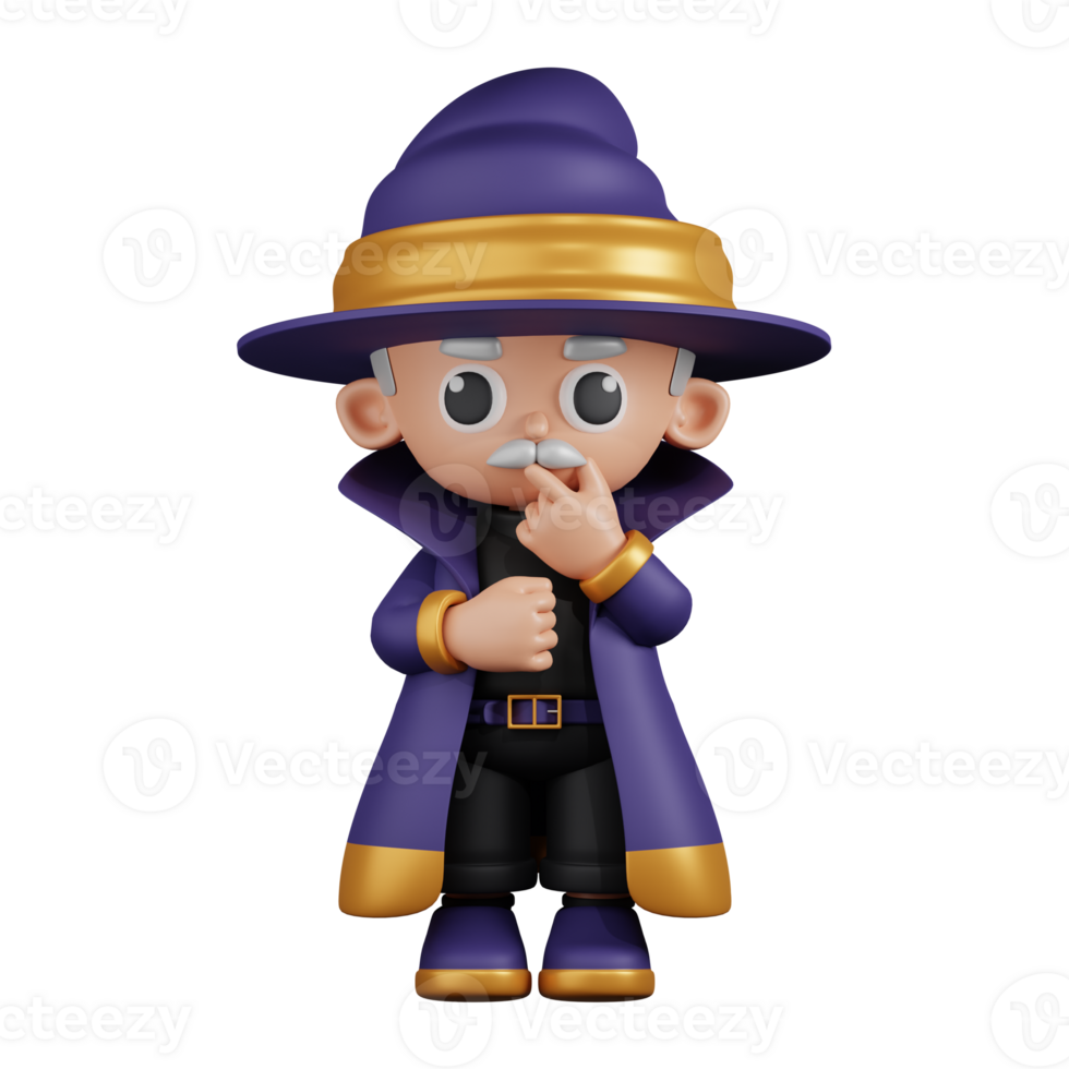 3d Character Wizard Curious Pose Pose. 3d render isolated on transparent backdrop. png