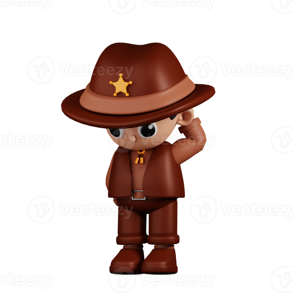 3d Character Sheriff Worry Pose. 3d render isolated on transparent backdrop. png