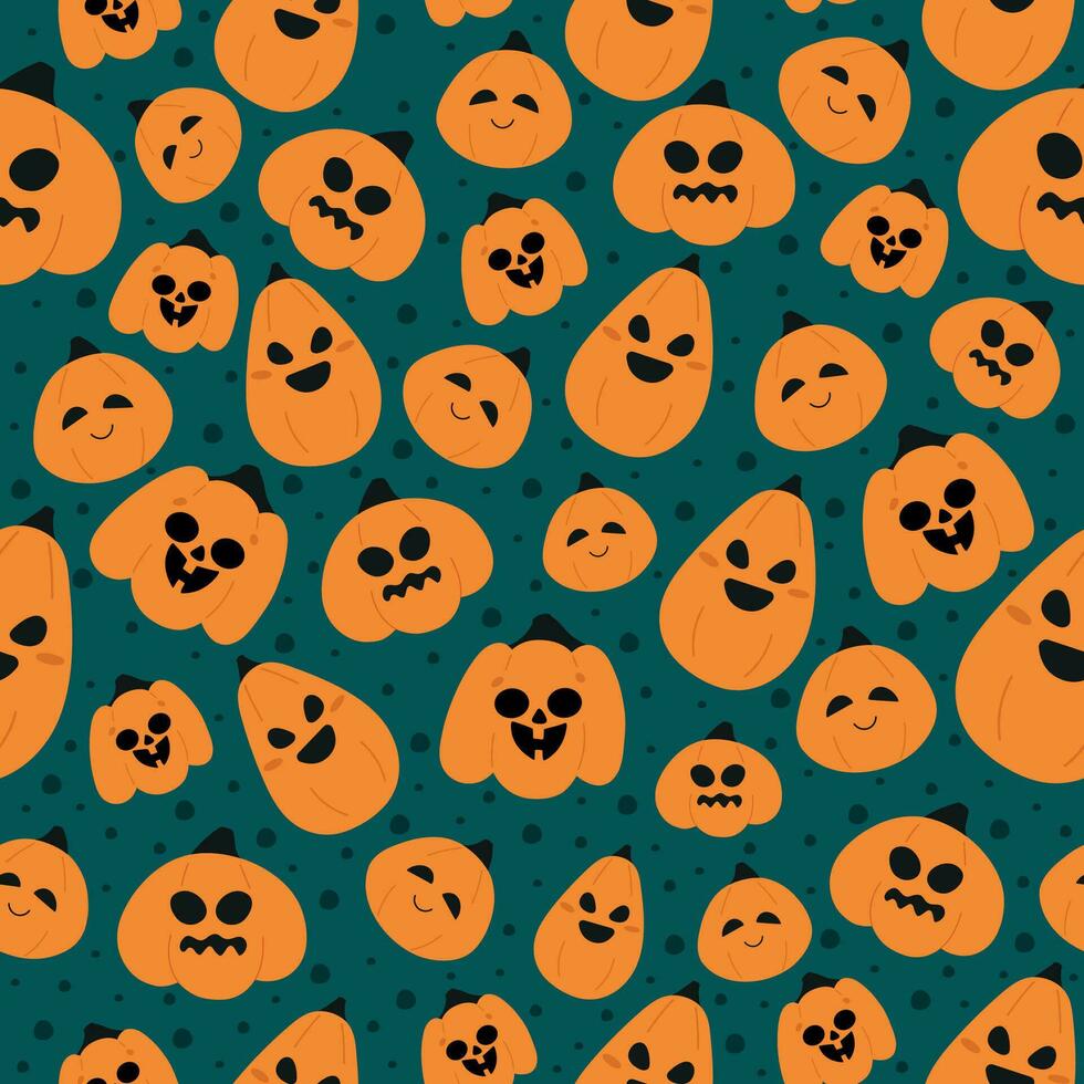 Seamless halloween pattern with creepy and funny pumpkins on green background for kids party, fabric, textile, backgrounds, invitations. Vector