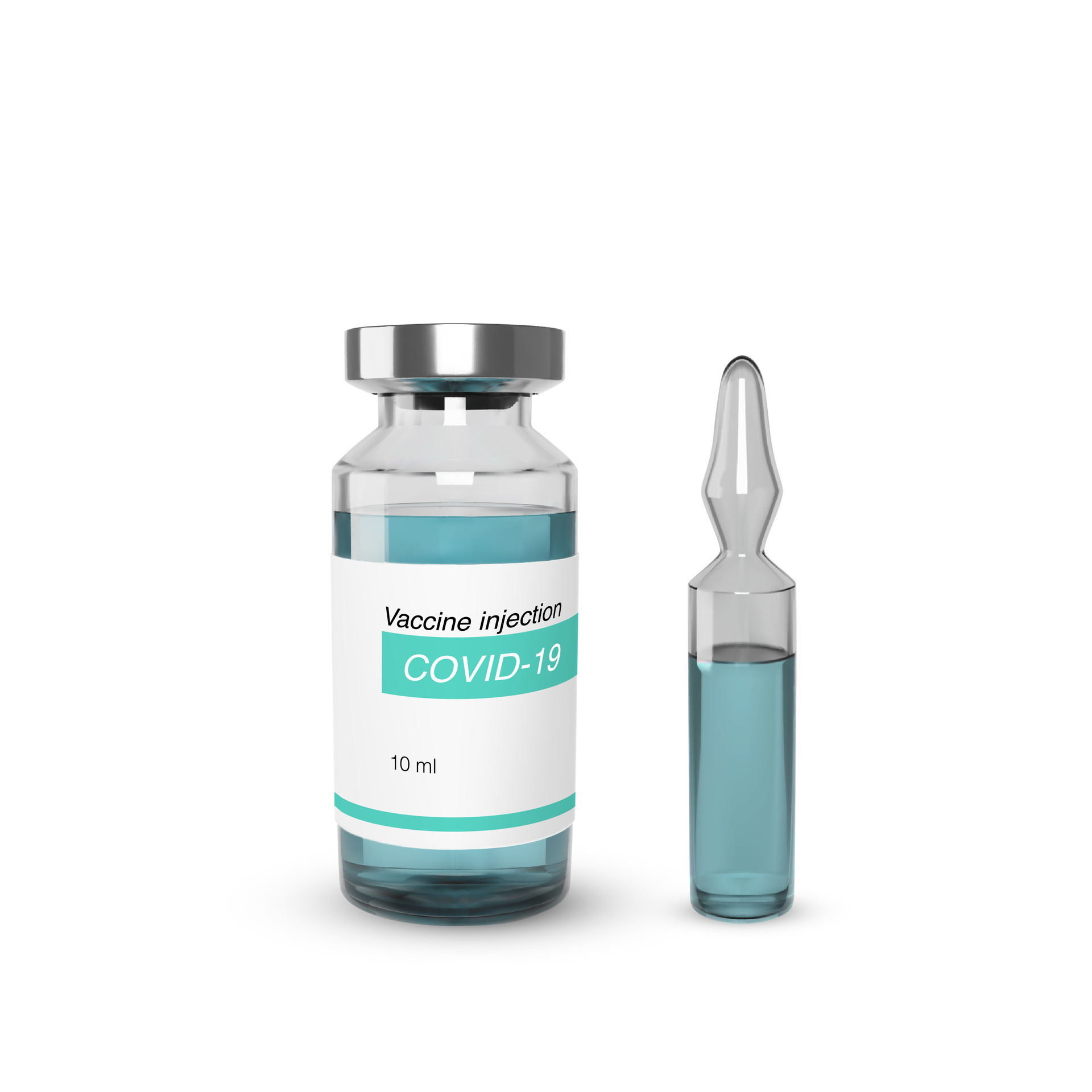 Ampoule with medical drug and vial with vaccine. Glass realistic bottle