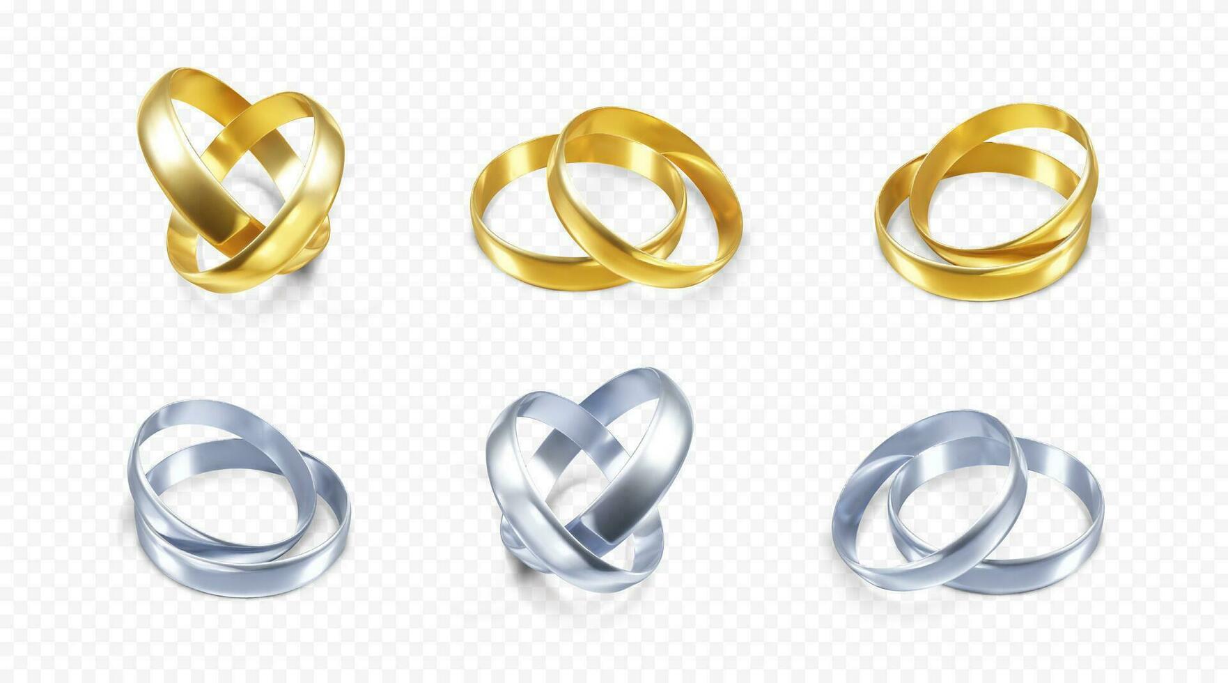 Set of silver and golden wedding rings. Realistic render of platinum and gold rings. Vector