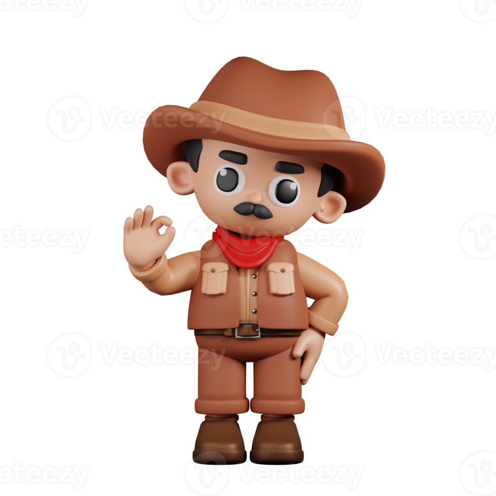 3d Character Cowboy Giving Ok Sign Pose. 3d render isolated on transparent backdrop. png