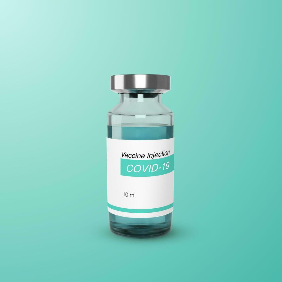 Glass vaccine bottle. Vaccination medicine global programm. Vector illustration