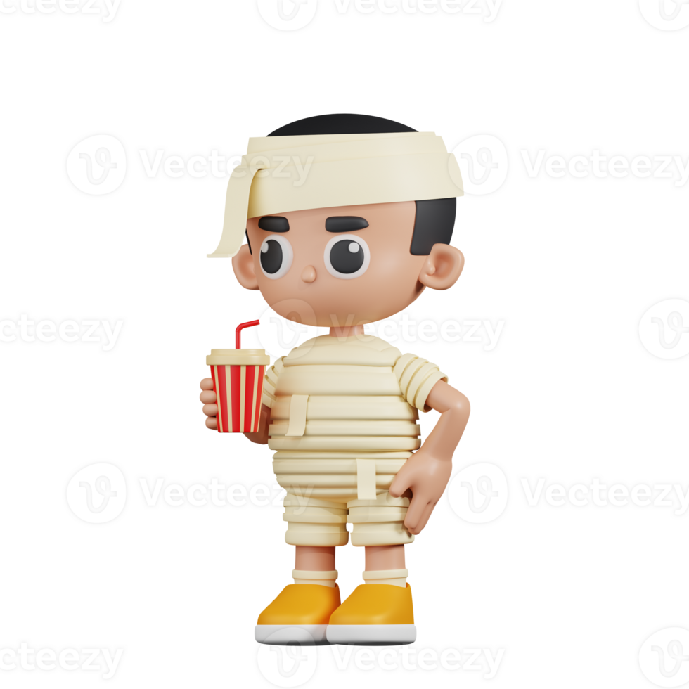 3d Character Mummy With A Cup Of Soda Drink Pose. 3d render isolated on transparent backdrop. png