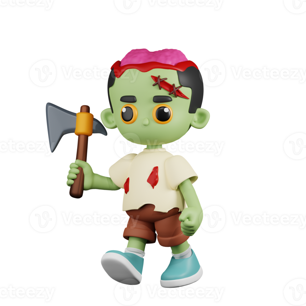 3d Character Zombie Holding A Big Axe Pose. 3d render isolated on transparent backdrop. png