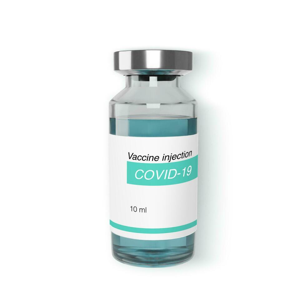 Vaccine in glass bottle realistic template. Protection from virus covid 19. Vaccination and treatment. Vector