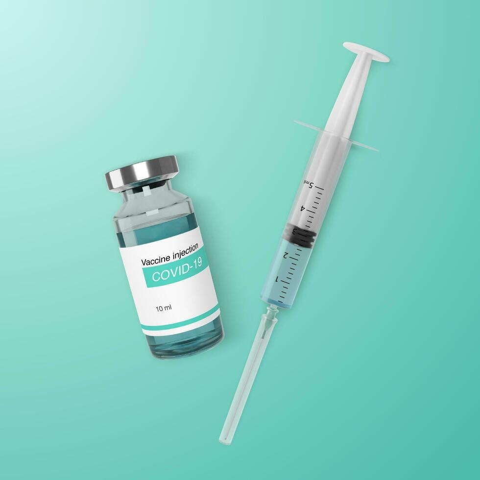 Realistic ampoule with vaccine and syringe template for web banner. Vaccination and treatment concept. Vector