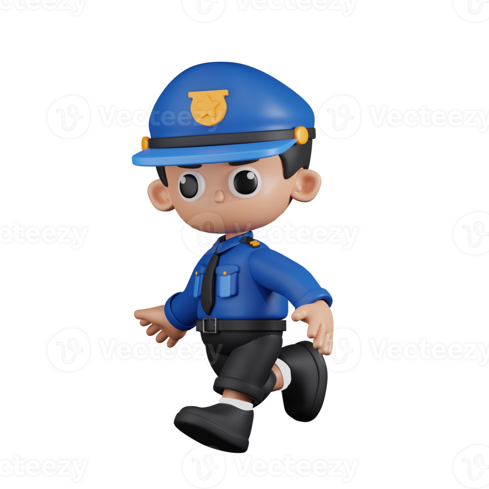 3d Character Policeman Running Pose. 3d render isolated on transparent backdrop. png