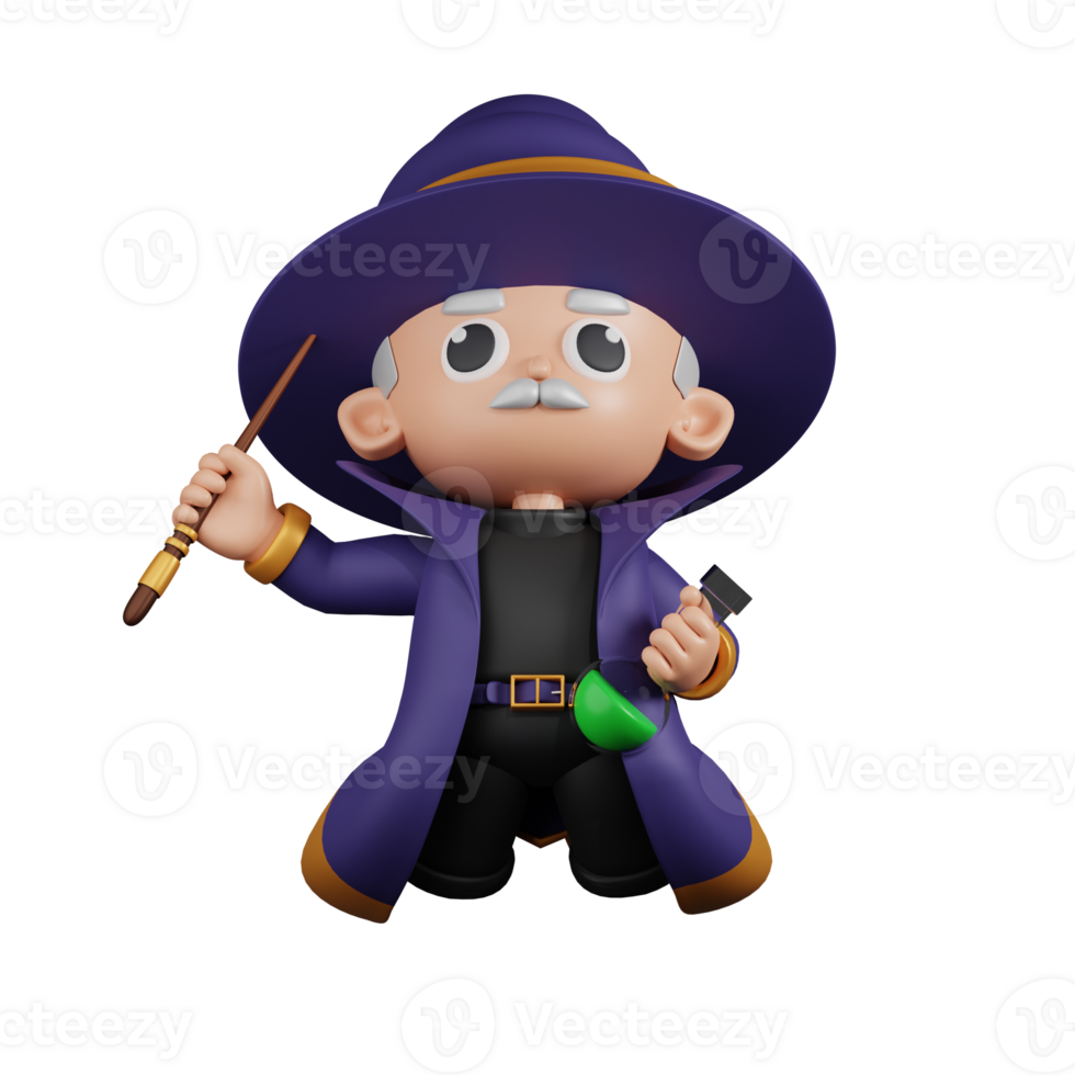 3d Character Wizard Jumping In The Air Pose. 3d render isolated on transparent backdrop. png