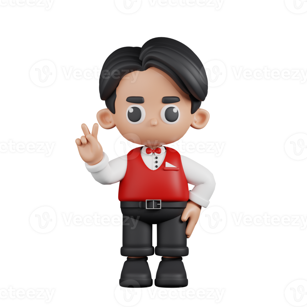 3d Character Waitress Showing Peace Sign Pose. 3d render isolated on transparent backdrop. png