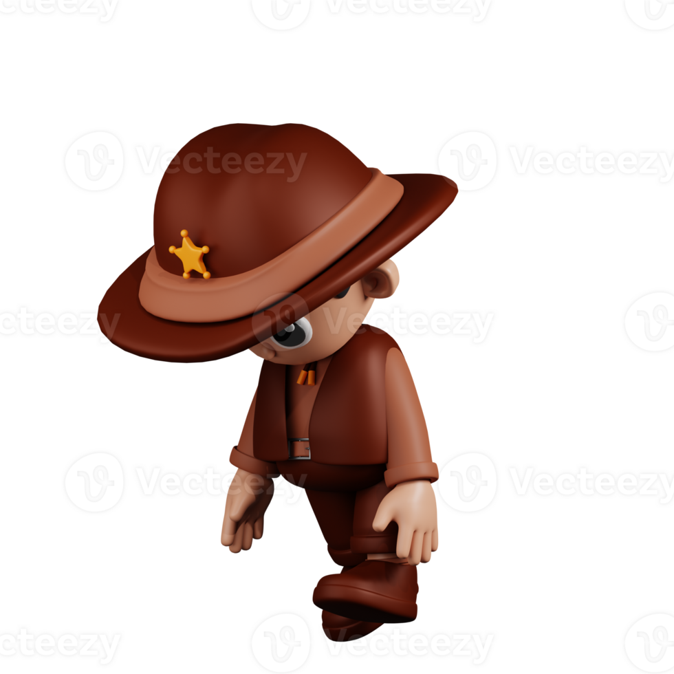 3d personagem xerife cansado andar pose. 3d render isolado em transparente pano de fundo. png