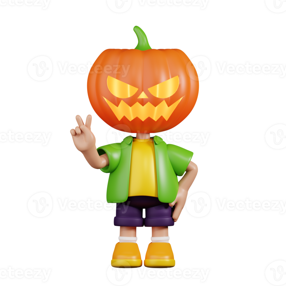 3d Character Pumpkin Showing Peace Sign Pose. 3d render isolated on transparent backdrop. png