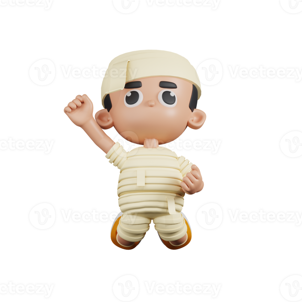 3d Character Mummy Jumping In The Air Pose. 3d render isolated on transparent backdrop. png