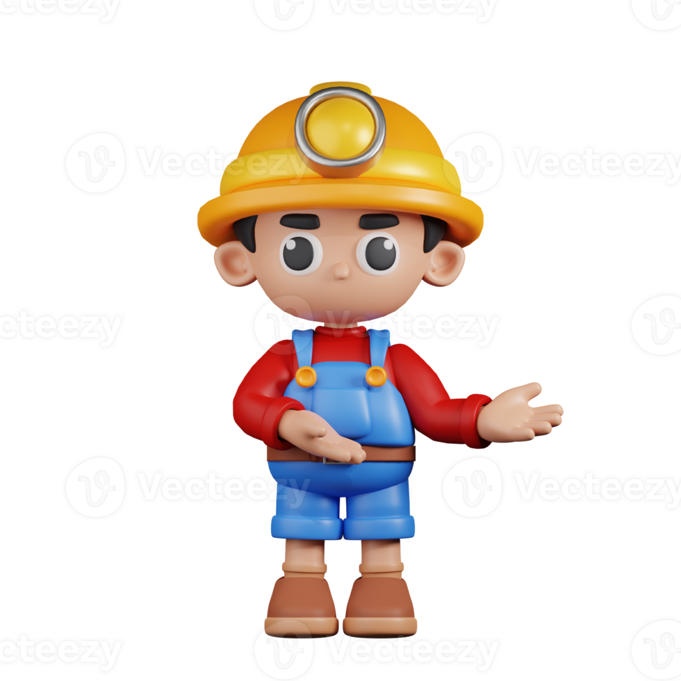 3d CharacterMiner Pointing To Something  Pose. 3d render isolated on transparent backdrop. png