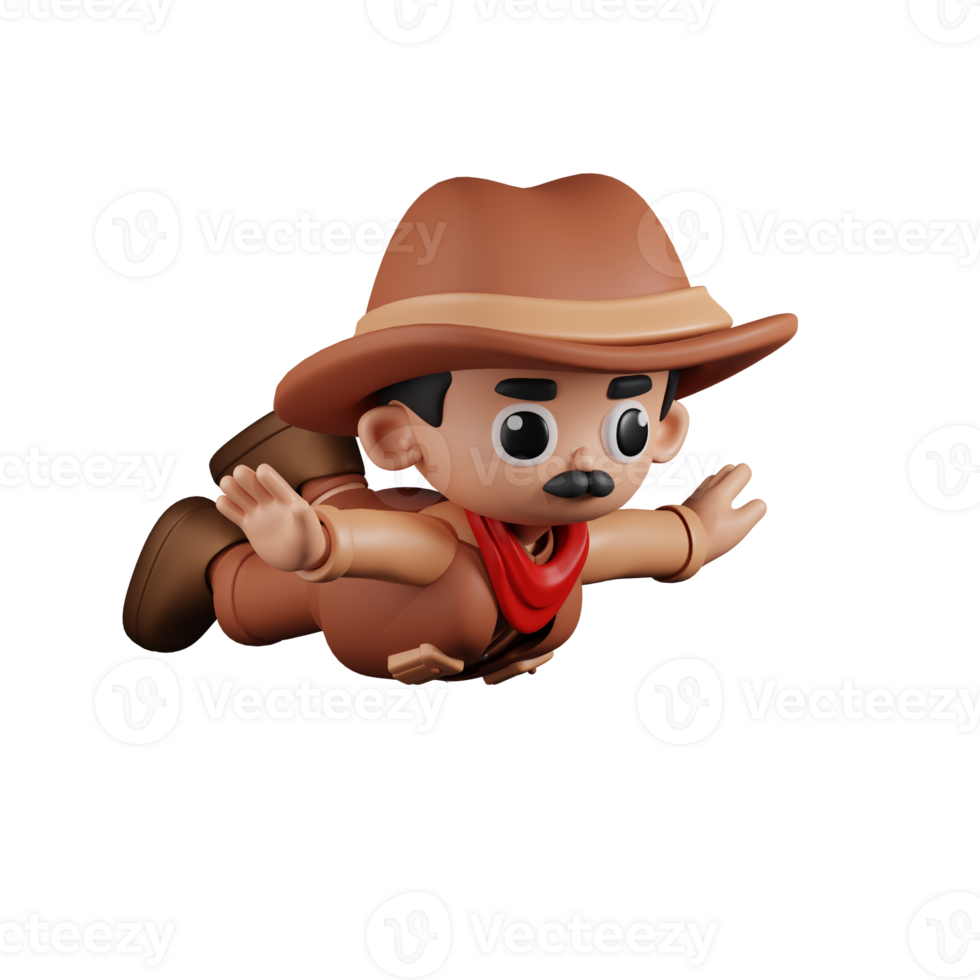 3d Character Cowboy Flying Pose. 3d render isolated on transparent backdrop. png