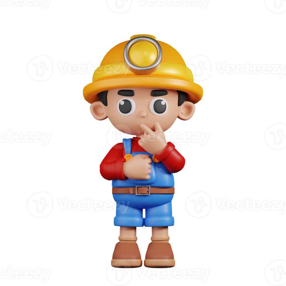 3d Character Miner Curious Pose Pose. 3d render isolated on transparent backdrop. png