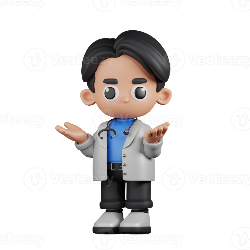 3d Character Doctor Confused Pose. 3d render isolated on transparent backdrop. png