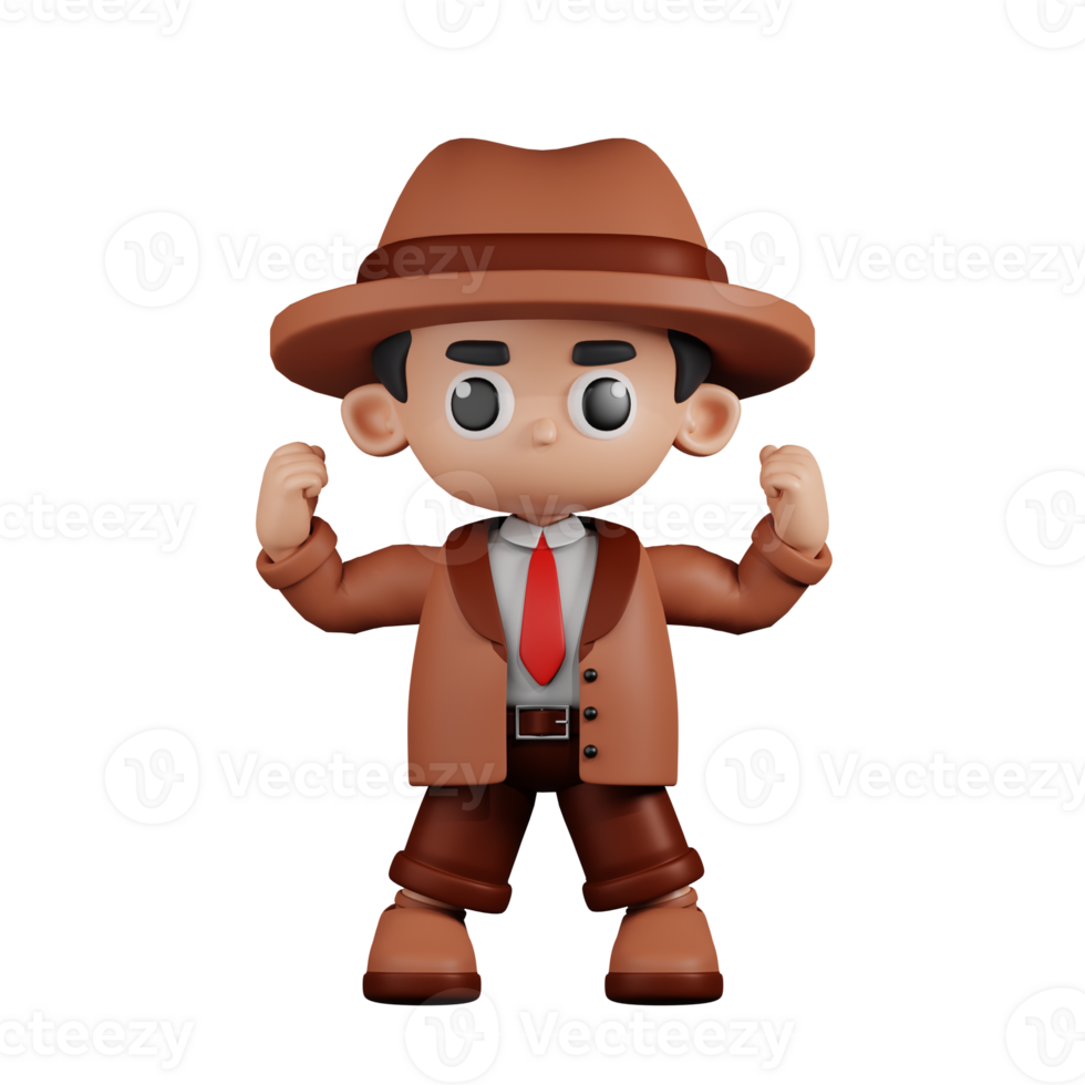 3d Character Detective Looking Strong Pose. 3d render isolated on transparent backdrop. png