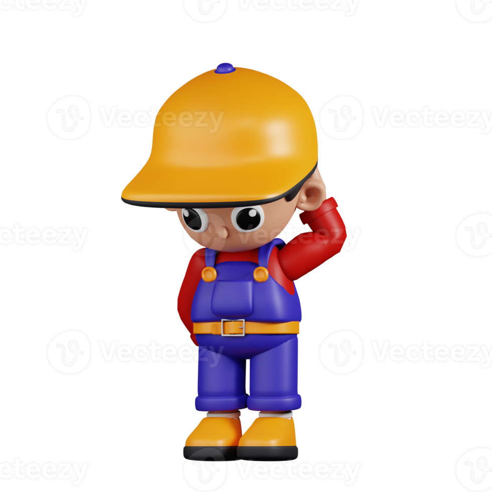 3d Character Mechanic Worry Pose. 3d render isolated on transparent backdrop. png