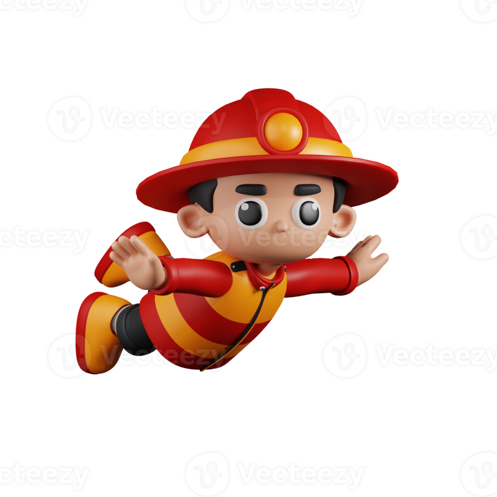 3d Character Firefighter Flying Pose. 3d render isolated on transparent backdrop. png