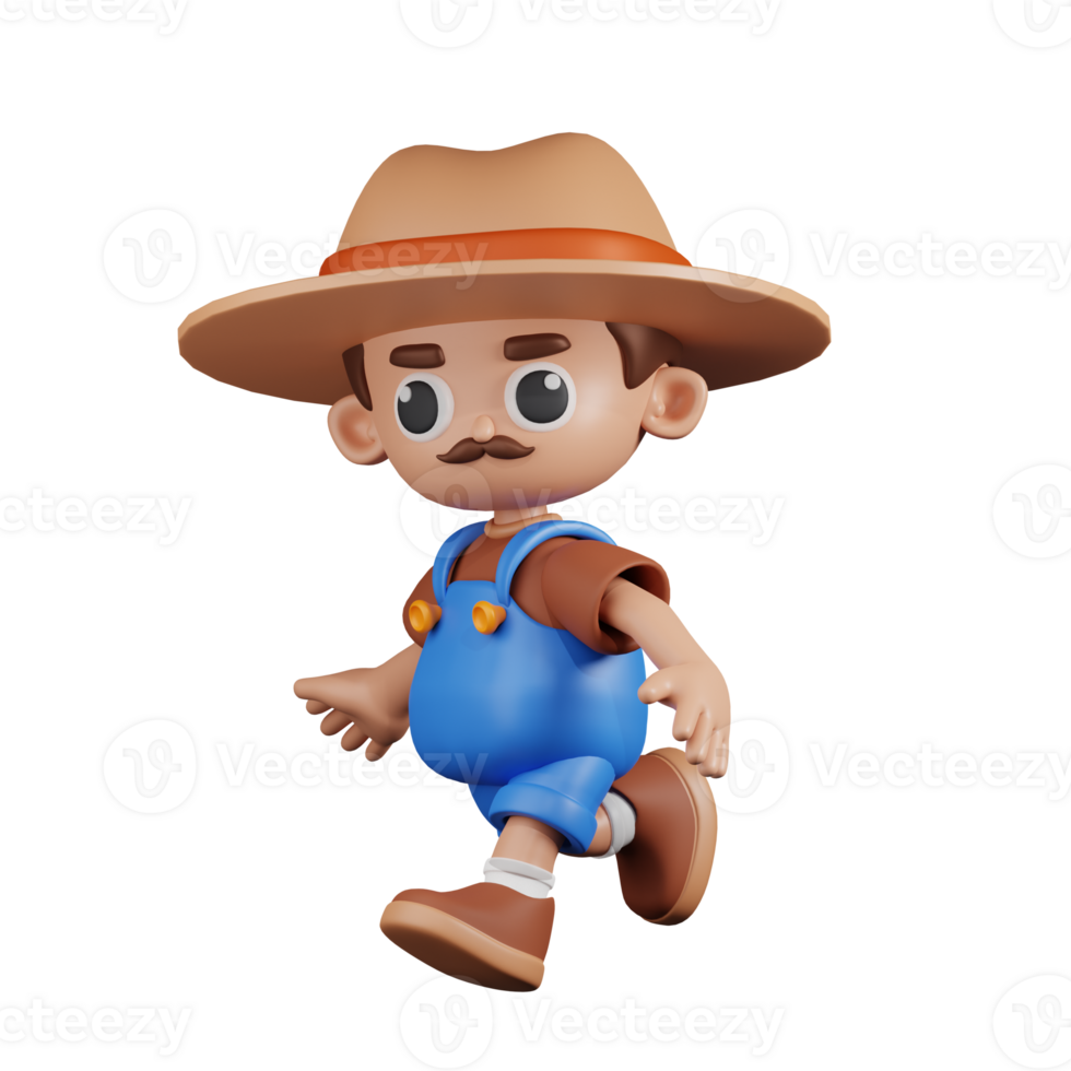 3d Character Farmer Running Pose. 3d render isolated on transparent backdrop. png