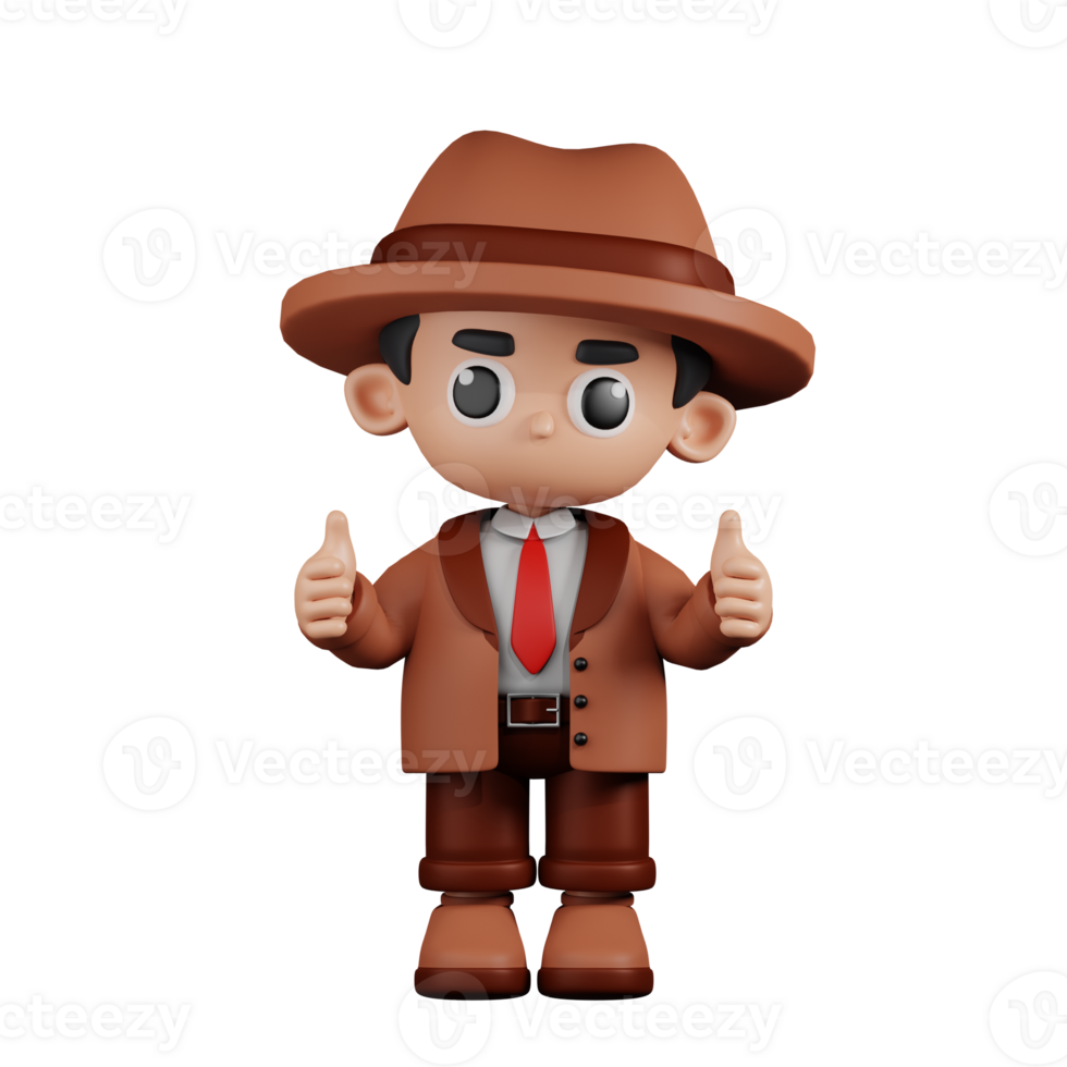 3d Character Detective Giving A Thumb Up Pose. 3d render isolated on transparent backdrop. png