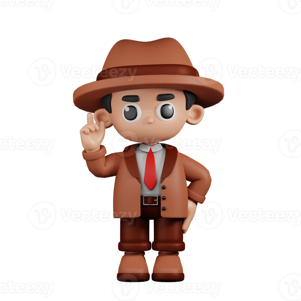 3d Character Detective Pointing Up Pose. 3d render isolated on transparent backdrop. png