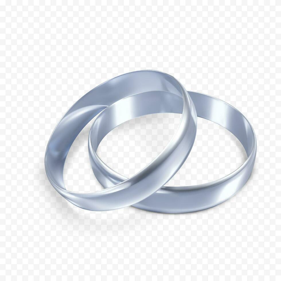 Couple of silver or platinum wedding rings. 3d jewelry object. Vector