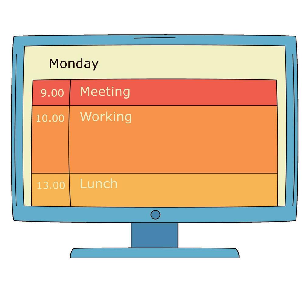 Computer with daily schedule on monitor screen in cartoon style. Flat style vector illustration isolated on white background.