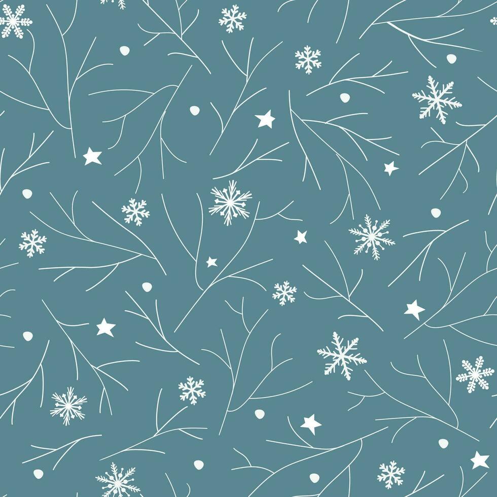 Seamless pattern with winter frosty ornament. Snowflakes of different shapes, against the background of white tree branches. Abstract vector graphics.