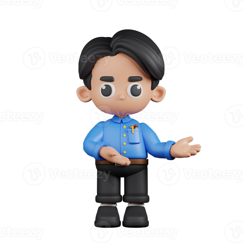 3d Character Teacher Pointing To Something Pose. 3d render isolated on transparent backdrop. png