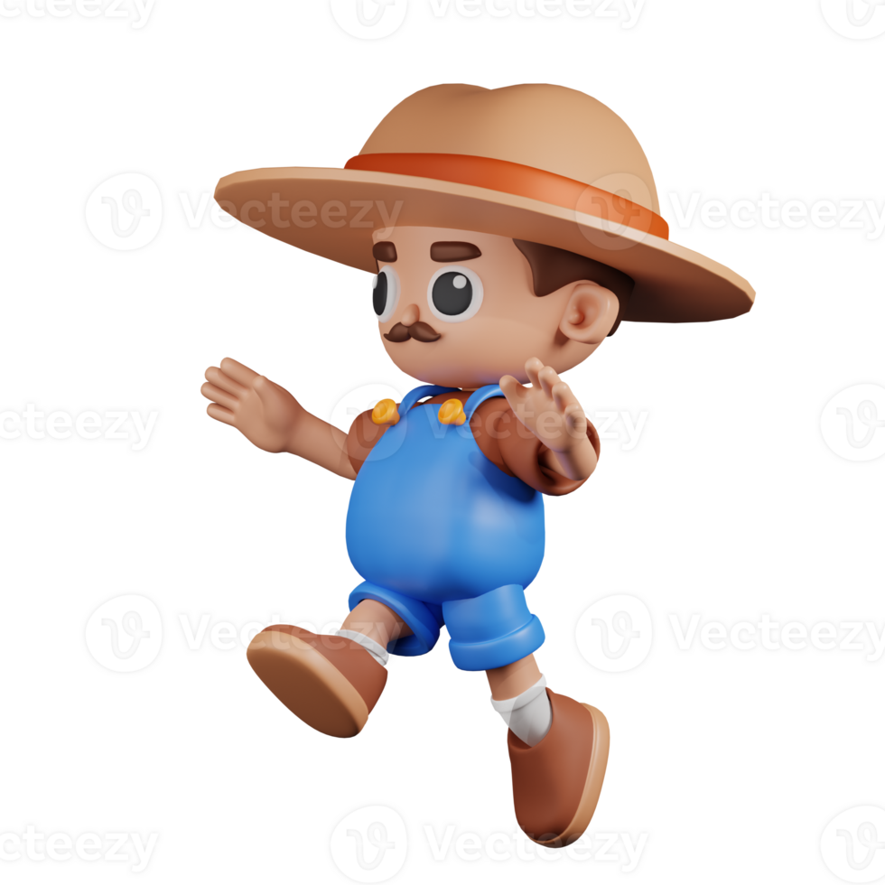 3d Character Farmer Jumping Pose. 3d render isolated on transparent backdrop. png