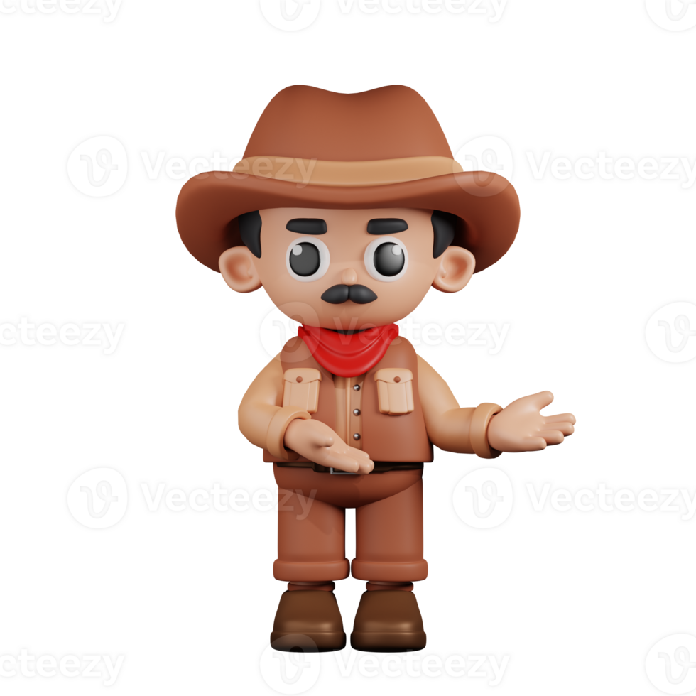 3d Character Cowboy Pointing To Something Pose. 3d render isolated on transparent backdrop. png