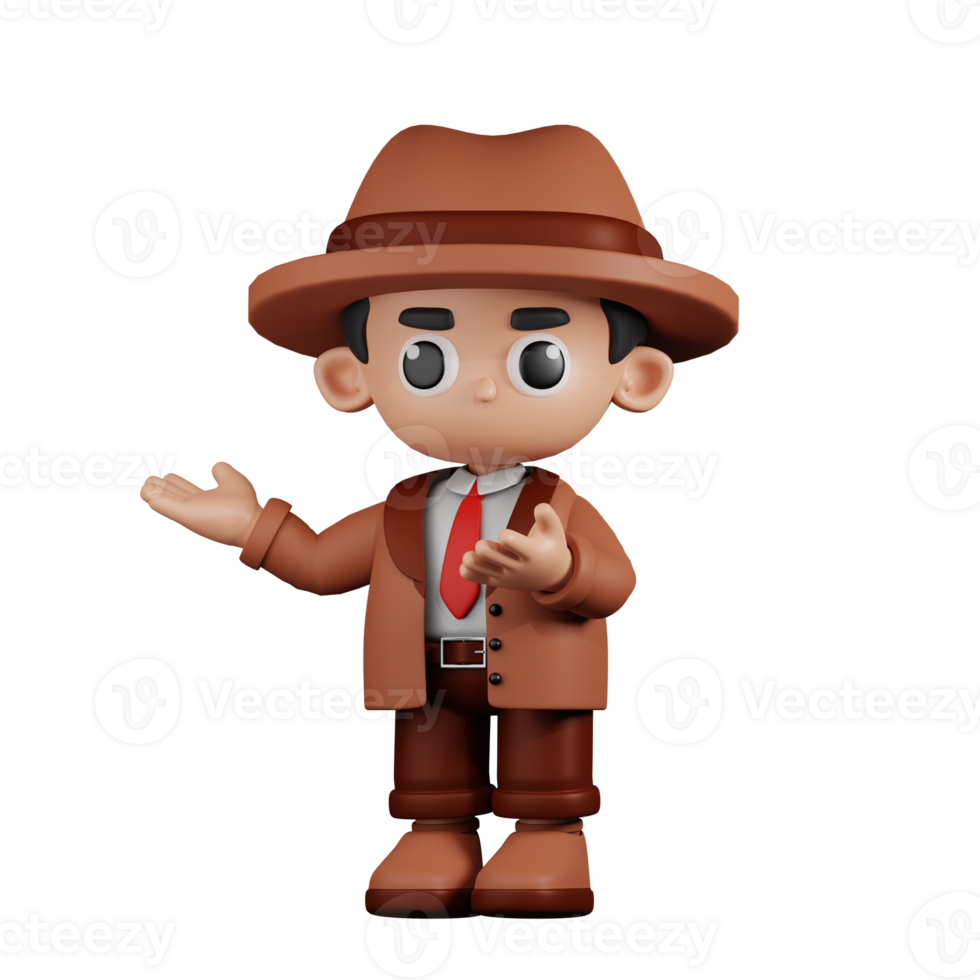 3d Character Detective Presenting Pose. 3d render isolated on transparent backdrop. png