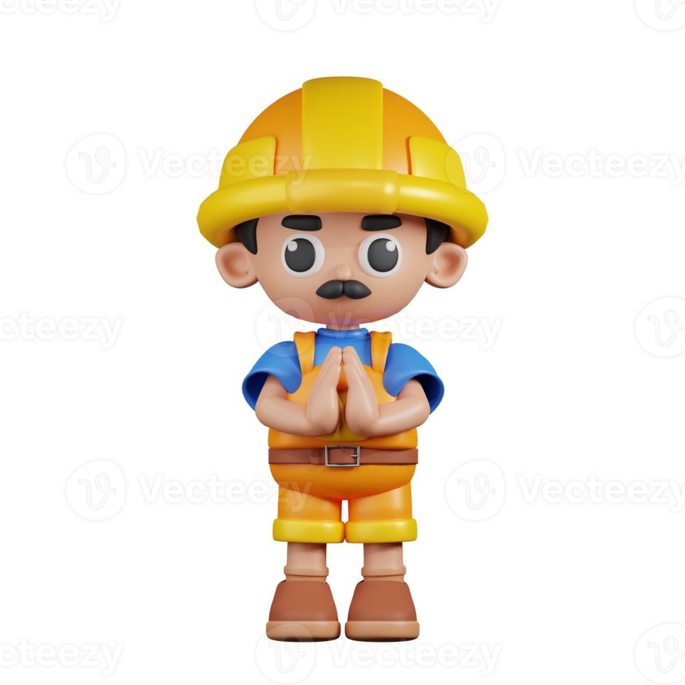 3d Character Builder Apologizing Pose. 3d render isolated on transparent backdrop. png