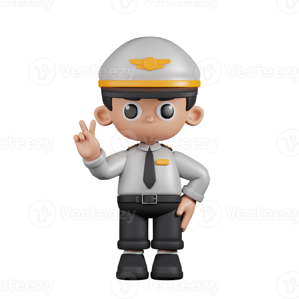 3d Character Pilot Showing Peace Sign Pose. 3d render isolated on transparent backdrop. png