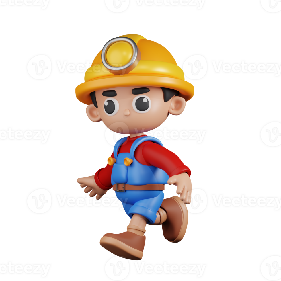 3d Character Miner Running Pose. 3d render isolated on transparent backdrop. png