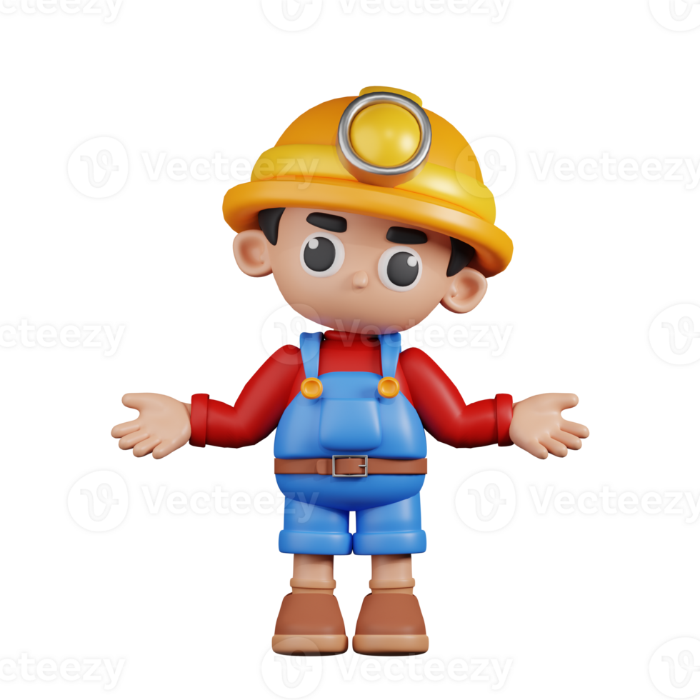 3d Character Miner Doing The No Idea Pose. 3d render isolated on transparent backdrop. png
