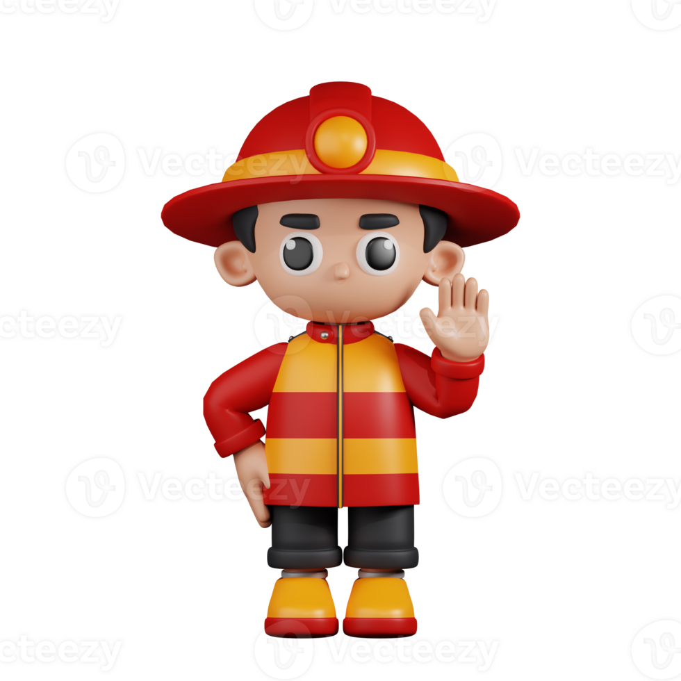 3d Character Firefighter Hands Up Pose. 3d render isolated on transparent backdrop. png