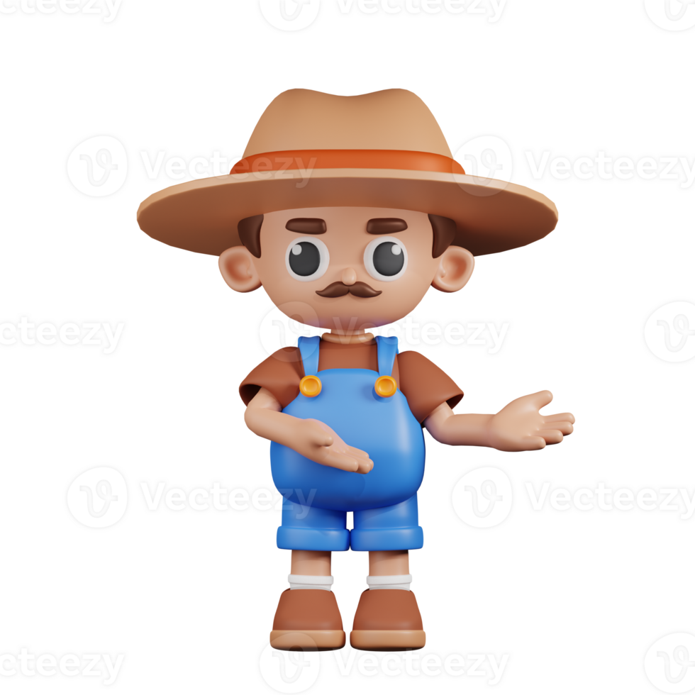 3d Character Farmer Pointing To Something Pose. 3d render isolated on transparent backdrop. png