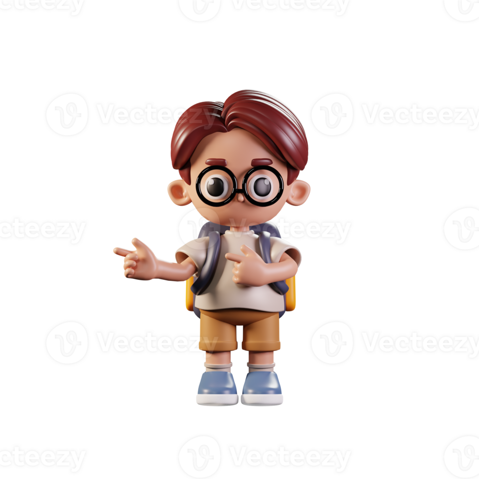 3d Character Student Pointing Fingers In Direction Pose. 3d render isolated on transparent backdrop. png