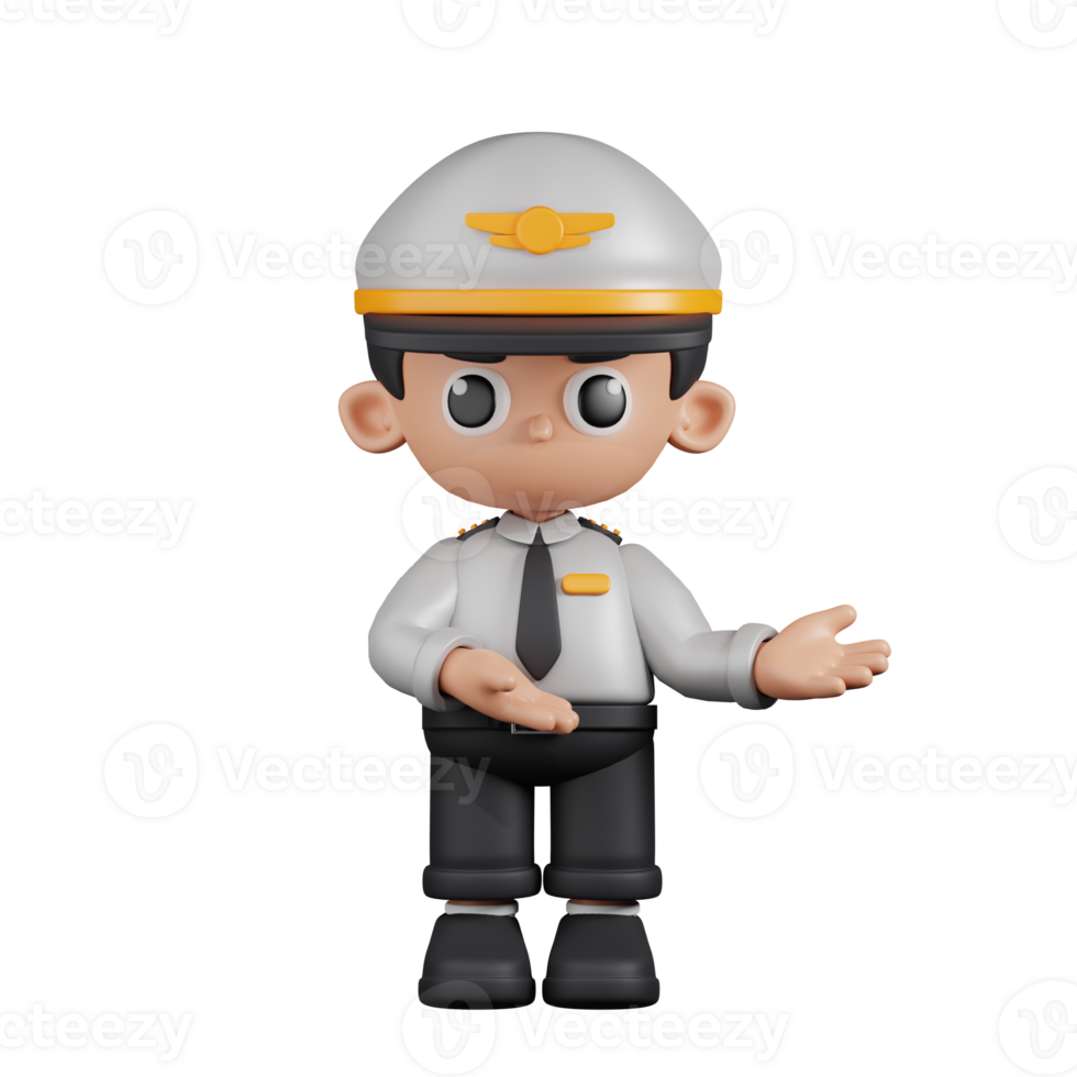 3d Character Pilot Pointing To Something Pose. 3d render isolated on transparent backdrop. png