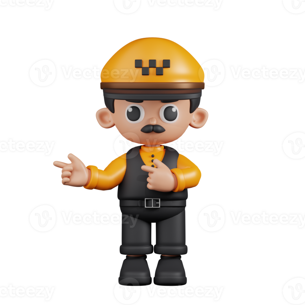3d Character Taxi Driver Pointing Fingers In Direction Pose. 3d render isolated on transparent backdrop. png