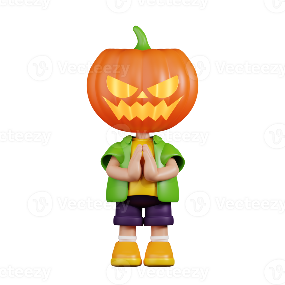 3d Character Pumpkin Apologizing Pose. 3d render isolated on transparent backdrop. png